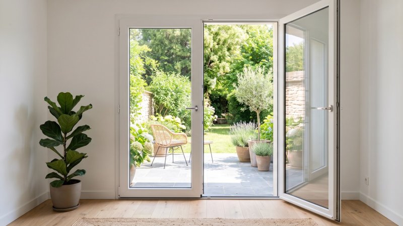 Porte-fenêtre PVC 2 ouvrants sur mesure – vue intérieure, un vantail ouvert sur le jardin