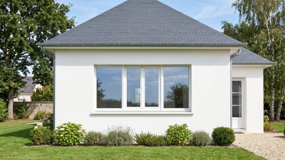 Fenêtre PVC 4 vantaux sur mesure, 2 fixes et 2 ouvrants au centre – vue extérieure