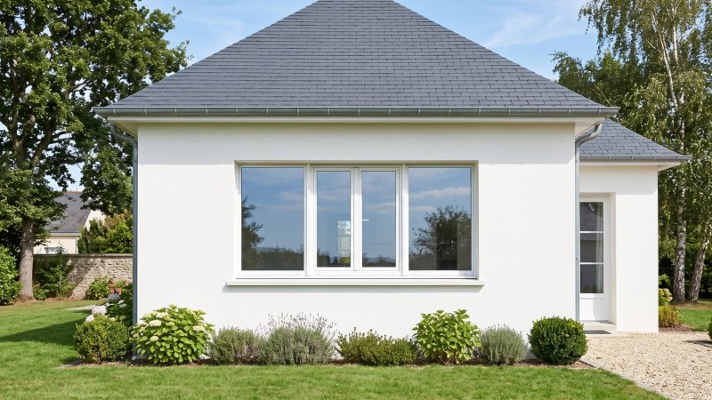 Fenêtre PVC 4 vantaux sur mesure, 2 fixes et 2 ouvrants au centre – vue extérieure