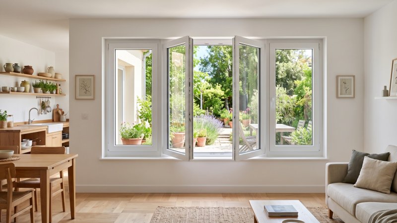 Fenêtre PVC 4 vantaux tout ouvrant sur mesure – vue intérieure, double ouvrant central ouvert