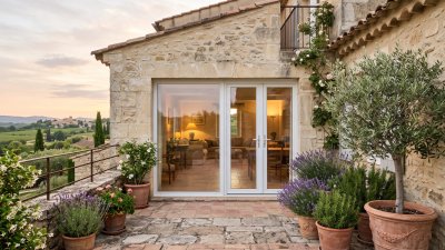Porte-fenêtre PVC 3 vantaux dont 1 fixe sur mesure – vue extérieure, terrasse provençale