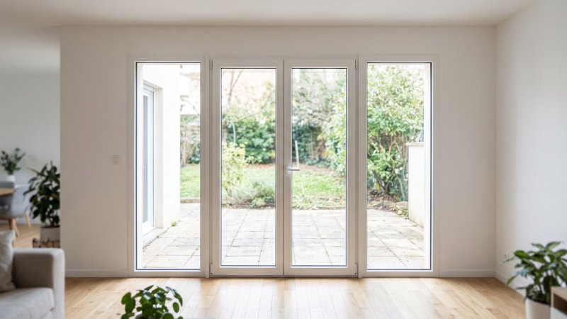 Porte-fenêtre PVC 4 vantaux dont 2 fixes sur mesure – vue intérieure depuis le séjour