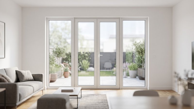 Porte-fenêtre PVC 4 vantaux dont 2 fixes sur mesure – vue intérieure, double ouvrant au centre