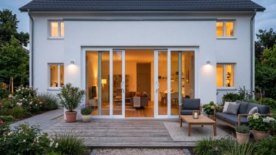 Baie coulissante PVC 4 vantaux sur mesure – vue extérieure, vantaux centraux ouverts sur la terrasse