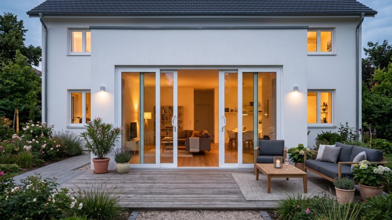 Baie coulissante PVC 4 vantaux sur mesure – vue extérieure, vantaux centraux ouverts sur la terrasse