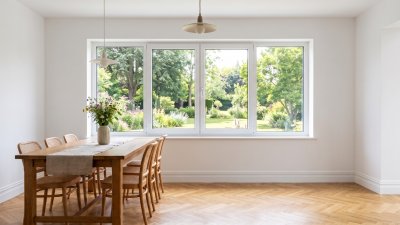 Fenêtre PVC 4 vantaux sur mesure, 2 fixes et 2 ouvrants au centre – vue intérieure depuis la salle à manger