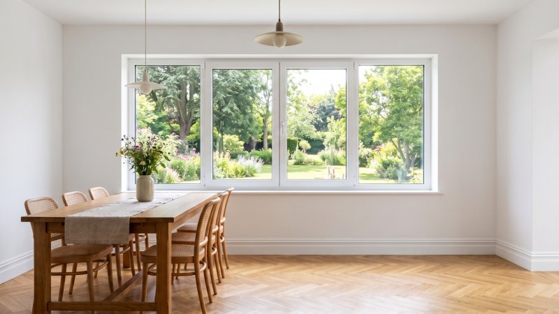 Fenêtre PVC 4 vantaux sur mesure, 2 fixes et 2 ouvrants au centre – vue intérieure depuis la salle à manger