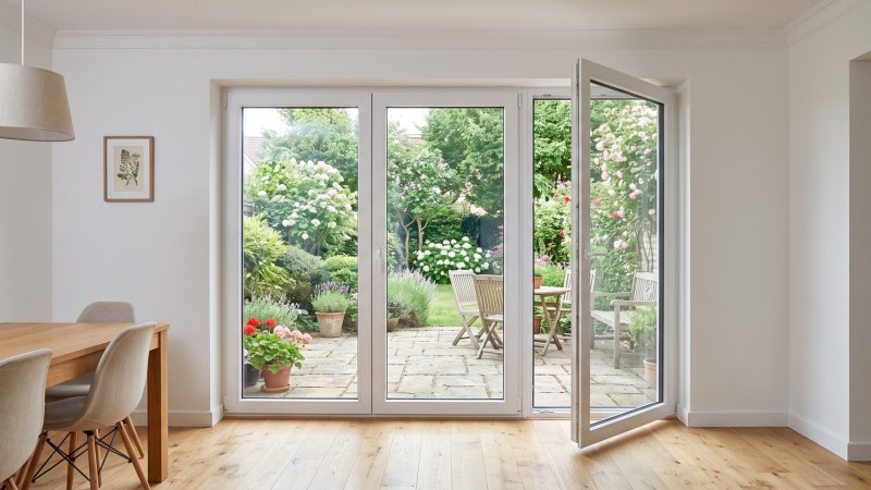 Porte-fenêtre PVC 3 vantaux tout ouvrant sur mesure – vue intérieure, vantail de droite ouvert sur la terrasse