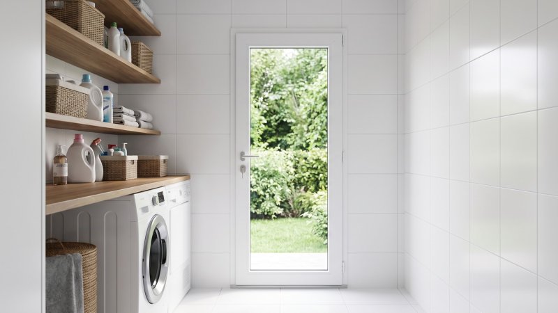 Porte de service PVC vitrée sur mesure – vue intérieure depuis la buanderie