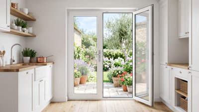 Porte de service PVC 2 vantaux sur mesure – vue intérieure, vantail ouvert sur la terrasse