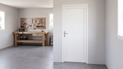 Porte de service PVC pleine sur mesure – vue intérieure depuis l'atelier