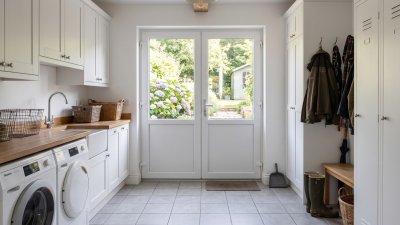 Porte de service PVC semi-vitrée 2 vantaux sur mesure – vue intérieure depuis la buanderie