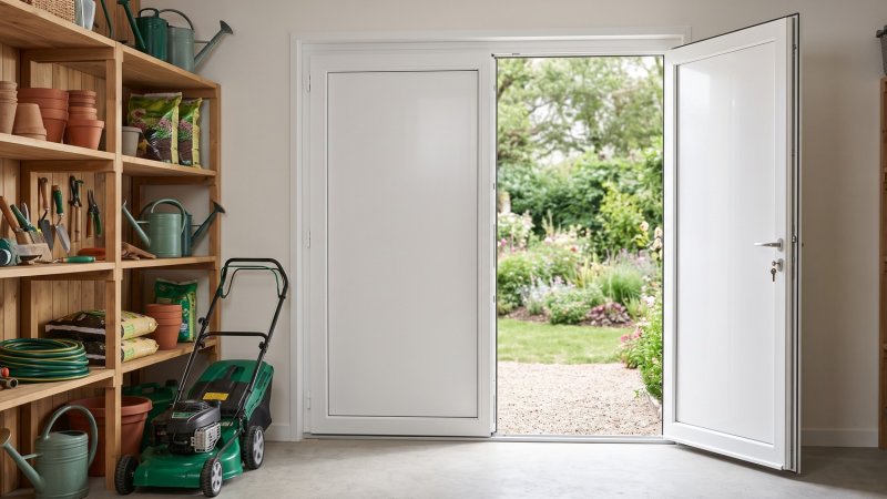 Porte de service PVC pleine 2 vantaux sur mesure – vue intérieure, vantail ouvert sur le jardin