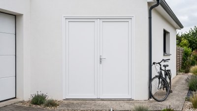 Porte de service PVC pleine 2 vantaux sur mesure – vue extérieure à côté du garage