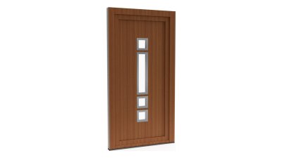 Porte d'entrée PVC modèle 001 – Semi-Vitrée Moderne, 4 Vitrages en Colonne, visuel en finition bois