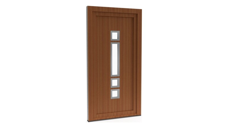 Porte d'entrée PVC modèle 001 – Semi-Vitrée Moderne, 4 Vitrages en Colonne, visuel en finition bois