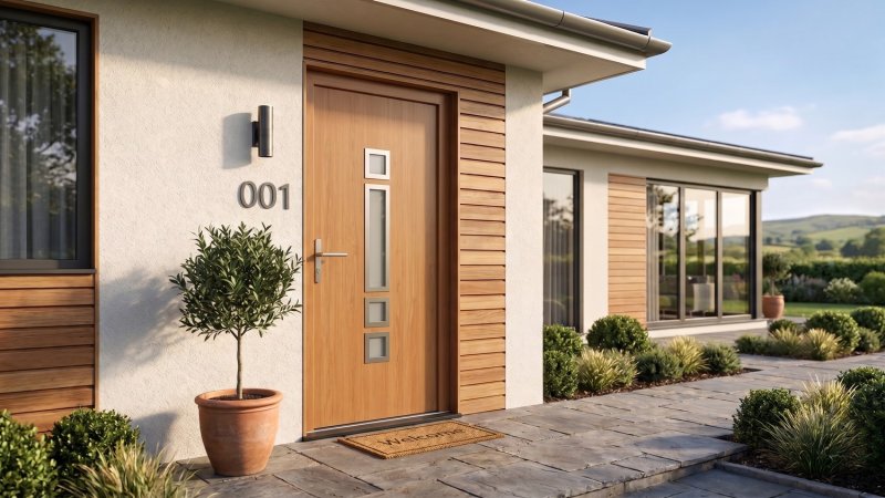 Porte d'entrée PVC sur mesure Semi-Vitrée Moderne, 4 Vitrages en Colonne – modèle 001, photo d'ambiance