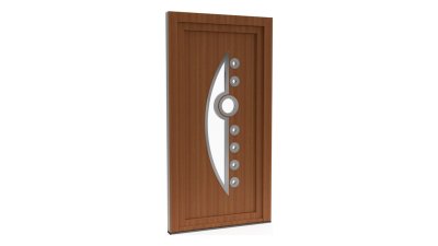 Porte d'entrée PVC modèle 003 – Vitrée Design, Demi-Lune, Hublot et Pastilles, visuel en finition bois