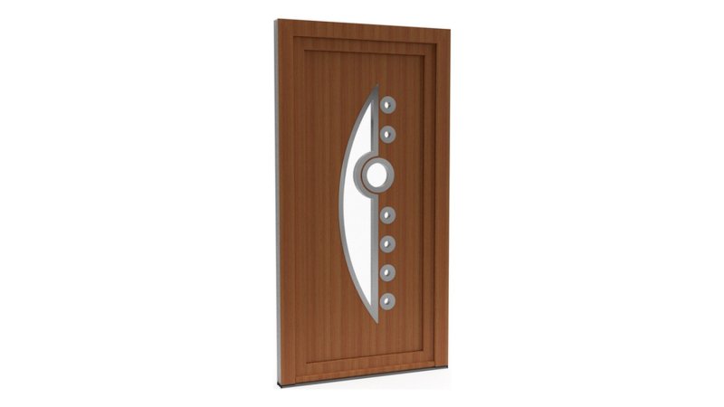 Porte d'entrée PVC modèle 003 – Vitrée Design, Demi-Lune, Hublot et Pastilles, visuel en finition bois