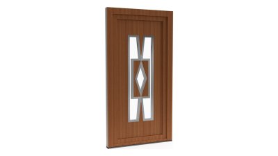 Porte d'entrée PVC modèle 004 – Vitrée Style Ancien, Croisillons et Losange Central, visuel en finition bois