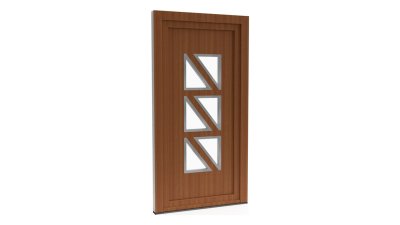 Porte d'entrée PVC modèle 005 – Vitrée Design, 6 Triangles en Diagonale, visuel en finition bois