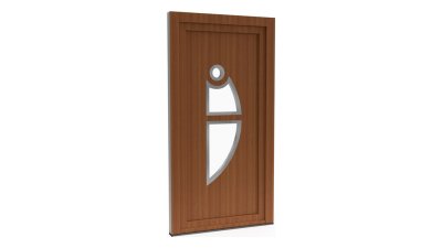 Porte d'entrée PVC modèle 008 – Semi-Vitrée Design, Hublot et 2 Vitrages en Lame, visuel en finition bois