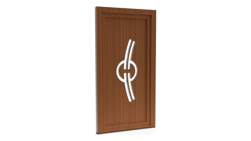 Porte d'entrée PVC modèle 009 – Semi-Vitrée Design, 2 Courbes et Anneau, visuel en finition bois