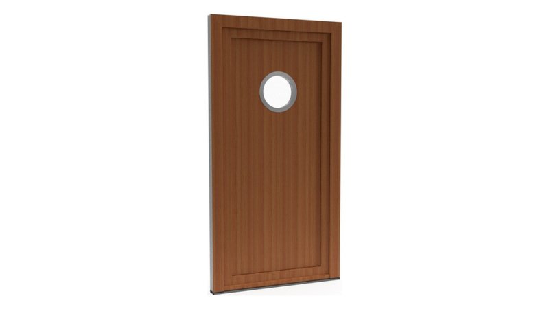 Porte d'entrée PVC modèle 010 – Semi-Vitrée Moderne, Hublot Rond en Partie Haute, visuel en finition bois