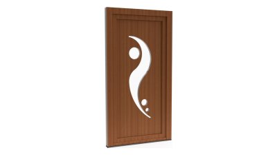 Porte d'entrée PVC modèle 011 – Semi-Vitrée Design, Vague en S et 3 Hublots, visuel en finition bois