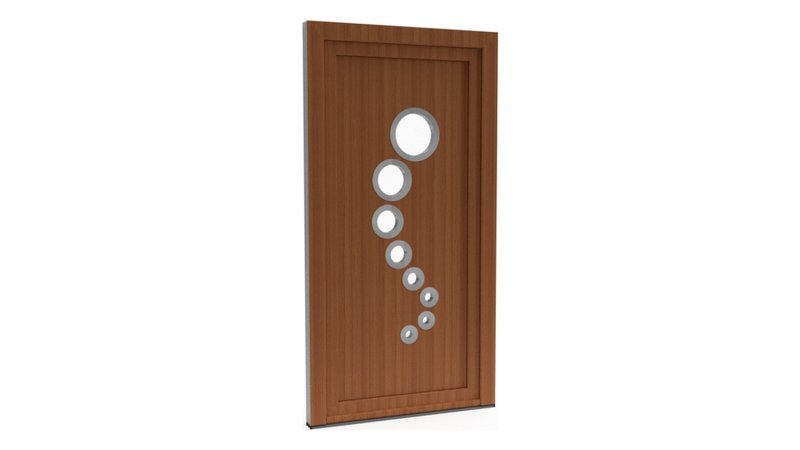 Porte d'entrée PVC modèle 012 – Semi-Vitrée Design, Cascade de 8 Hublots, visuel en finition bois
