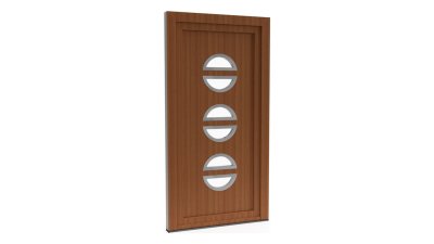 Porte d'entrée PVC modèle 013 – Semi-Vitrée Moderne, 3 Hublots Fendus, visuel en finition bois