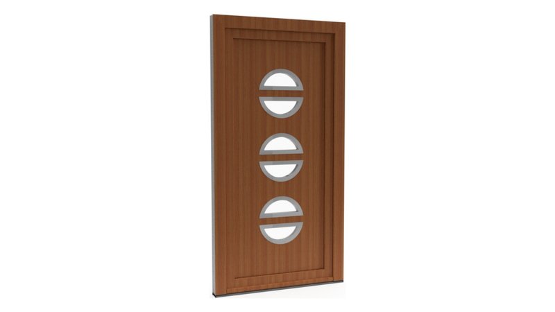 Porte d'entrée PVC modèle 013 – Semi-Vitrée Moderne, 3 Hublots Fendus, visuel en finition bois