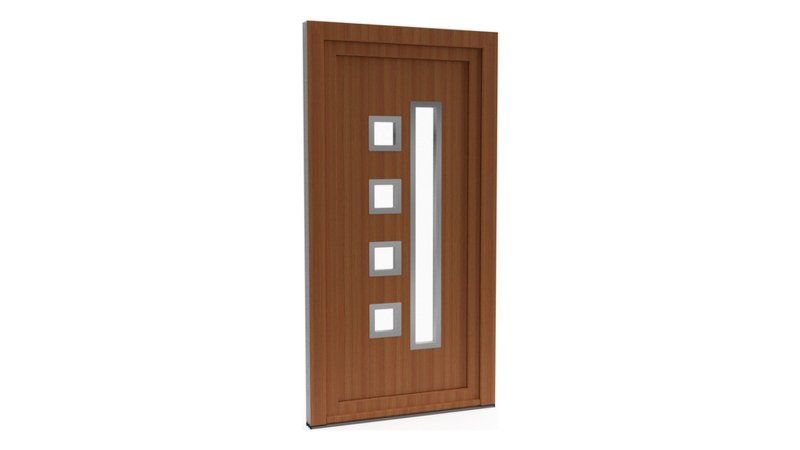 Porte d'entrée PVC modèle 014 – Semi-Vitrée Moderne, 4 Carreaux et Fente Verticale, visuel en finition bois