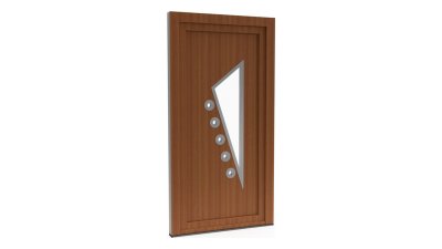 Porte d'entrée PVC modèle 017 – Semi-Vitrée Design, Triangle et 5 Pastilles, visuel en finition bois