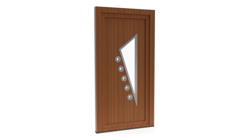 Porte d'entrée PVC modèle 017 – Semi-Vitrée Design, Triangle et 5 Pastilles, visuel en finition bois