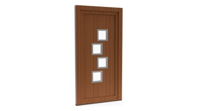 Porte d'entrée PVC modèle 018 – Semi-Vitrée Moderne, 4 Carreaux en Quinconce, visuel en finition bois