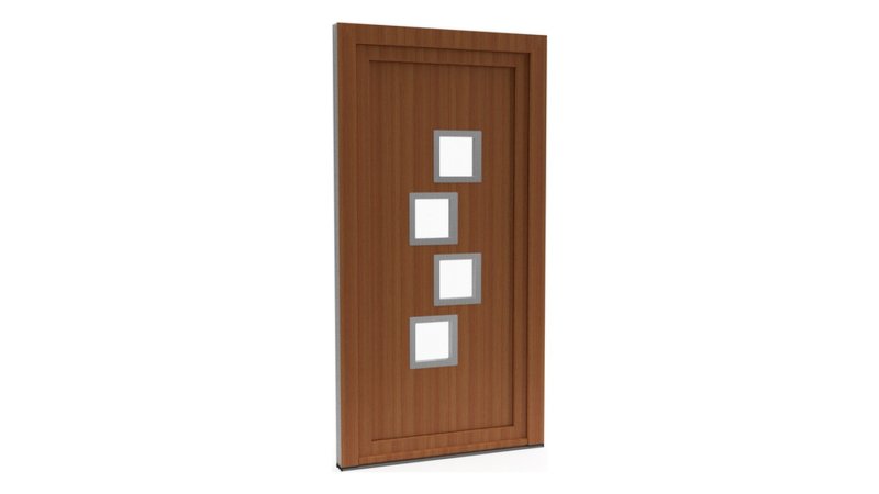Porte d'entrée PVC modèle 018 – Semi-Vitrée Moderne, 4 Carreaux en Quinconce, visuel en finition bois