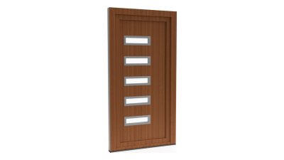 Porte d'entrée PVC modèle 020 – Semi-Vitrée Moderne, 5 Fentes Horizontales, visuel en finition bois