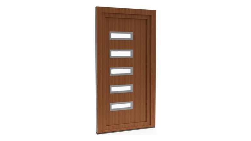 Porte d'entrée PVC modèle 020 – Semi-Vitrée Moderne, 5 Fentes Horizontales, visuel en finition bois