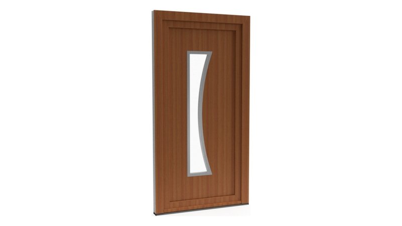Porte d'entrée PVC modèle 023 – Vitrée Design, Haut Vitrage Incurvé, visuel en finition bois