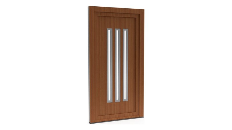 Porte d'entrée PVC modèle 024 – Semi-Vitrée Moderne, 3 Fentes Verticales, visuel en finition bois