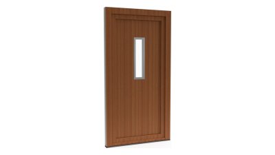 Porte d'entrée PVC modèle 026 – Semi-Vitrée Moderne, Vitrage Étroit en Partie Haute, visuel en finition bois