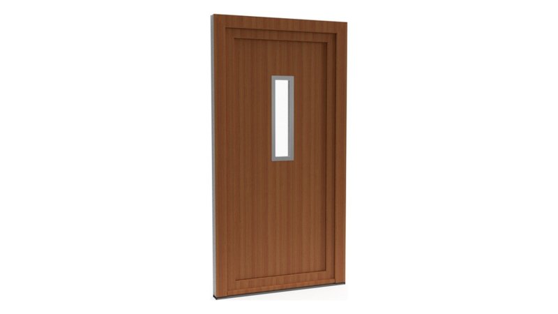 Porte d'entrée PVC modèle 026 – Semi-Vitrée Moderne, Vitrage Étroit en Partie Haute, visuel en finition bois