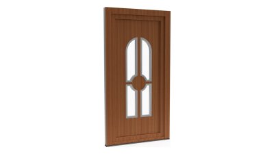 Porte d'entrée PVC modèle 027 – Vitrée Style Ancien, Vitrages Cintrés et Médaillon, visuel en finition bois