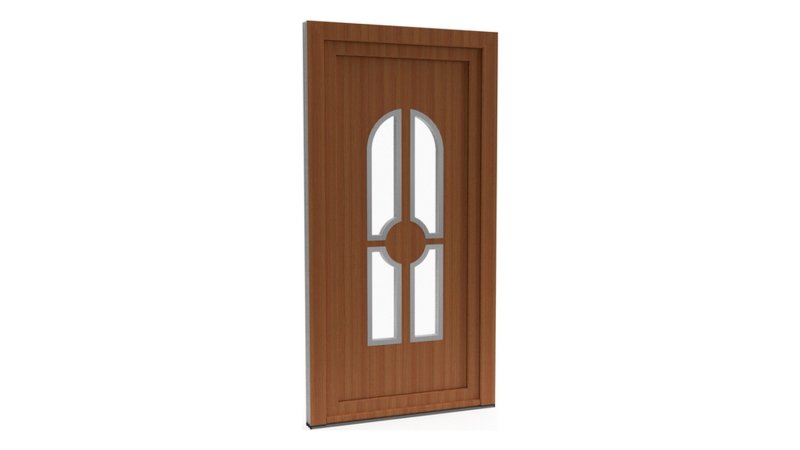 Porte d'entrée PVC modèle 027 – Vitrée Style Ancien, Vitrages Cintrés et Médaillon, visuel en finition bois