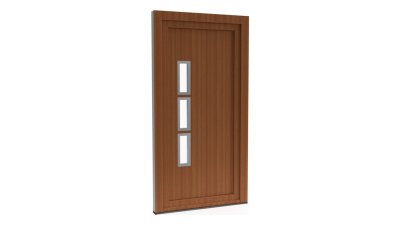 Porte d'entrée PVC modèle 028 – Semi-Vitrée Moderne, 3 Vitrages Décalés, visuel en finition bois