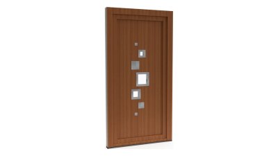 Porte d'entrée PVC modèle 031 – Semi-Vitrée Design, Cascade de Carrés, visuel en finition bois