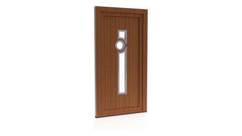 Porte d'entrée PVC modèle 033 – Semi-Vitrée Moderne, Long Vitrage et Hublot, visuel en finition bois