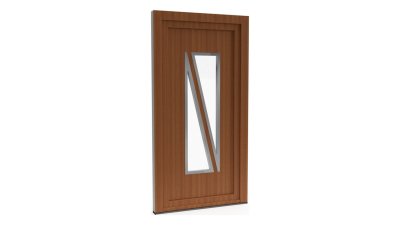 Porte d'entrée PVC modèle 035 – Vitrée Moderne, Vitrage Tranché en Diagonale, visuel en finition bois