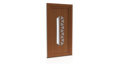 Porte d'entrée PVC modèle 038 – Semi-Vitrée Design, Vitrage Élancé et Dents de Scie, visuel en finition bois